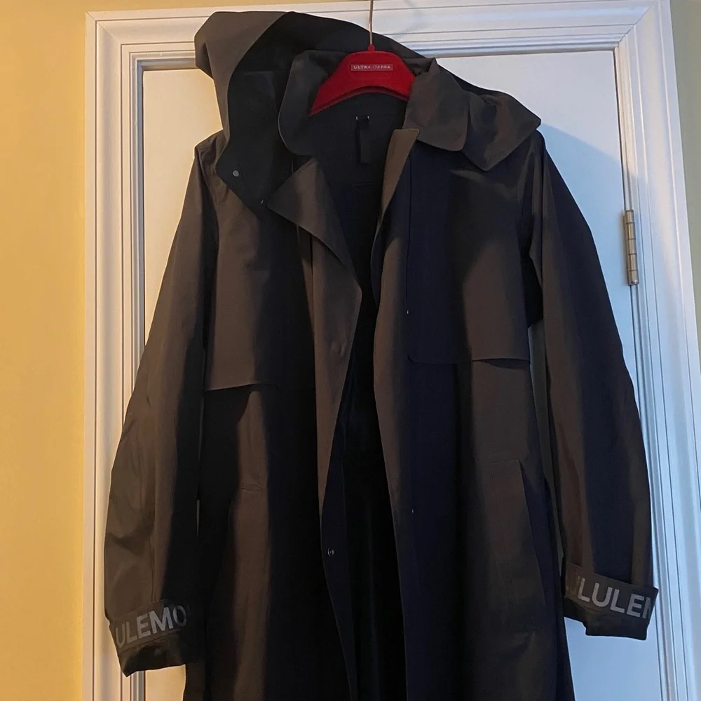 Lululemon Black Stunning Logo Reflective Long Hooded Trench Coat - Picture 2 of 16